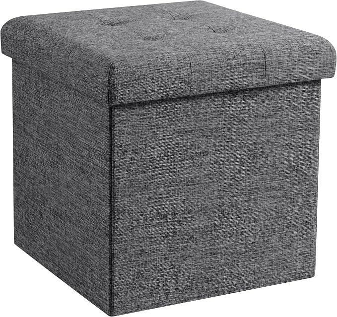 Ornavo Home 15 Inch Folding Storage Ottoman Cube, Tufted Linen, Dark Gray | Upholstered Cube with Lid; Foot Rest Stool; Ideal for Bedroom, Living Room or Entryway