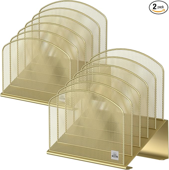 Delifox Inclined Desk File Organizer,Vertical File Folder Holder Stand Metal Rack File Sorter for Office Classroom Desktop Organization (2, Gold, 5)