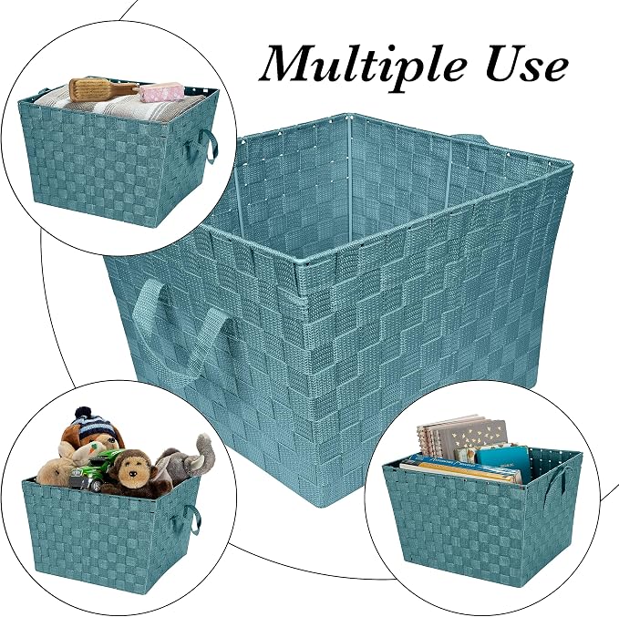 Simplify Large Woven Strap Tote | Decorative Storage Basket | 2 Handles | Organization | Closet | Bedroom | Bathroom | Nursery | Accessories | Toys | Gifts | 2 Pack | Sapphire