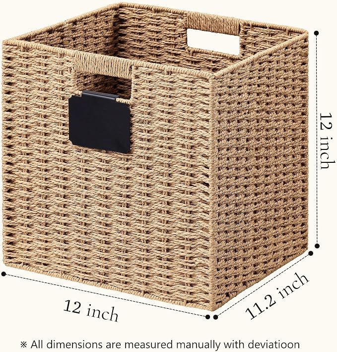UBBCARE 4 Pack Wicker Basket, 12×12 Storage Cubes with Label, Foldable Cube Storage Bin with Handle, Square Storage Basket for Shelves, Woven Paper Rope Basket for Organizing, Light Brown