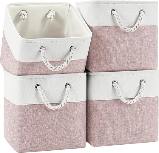 Patvingot 11-Inch Fabric Cube Storage Bins with Handles,4 Pack,Foldable | For cube shelves and closets,keeps grouped for everyday access,reinforced opening and fold-flat storage,white and pink