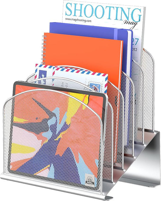 Delifox Inclined Desk File Organizer,Vertical File Folder Holder Stand Metal Rack File Sorter for Office Classroom Desktop Organization (1, Silver, 5)