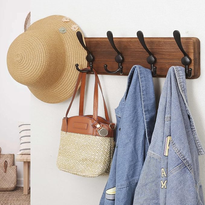 Coat Rack Wall Mounted - 5 Tri Hooks, Heavy Duty, Wooden Wall Coat Hanger Coat Hook for Clothes Hat Jacket Clothing, Natural & Black