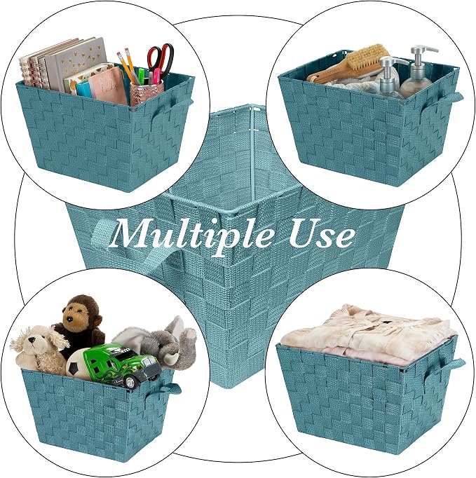Simplify Medium Woven Strap Tote | Decorative Storage Basket | 2 Handles | Organization | Closet | Bedroom | Bathroom | Nursery | Accessories | Toys | Gifts | 4 Pack | Sapphire