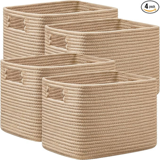 4 Pack Storage Baskets for Organizing, Shelf Baskets with Handles, Brown | 14.5"Lx9.8"Wx9"H, Woven Basket, Cotton Rope Basket, Toy Storage, Cube Shelf, Gift Baskets Empty, Home Decor