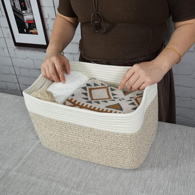 XUANGUO Woven Cotton Rope Storage Baskets 15x10x9.3" 3 Pack White and Brown | Decorative rectangular storage baskets for shelves and closets; storage bins organize clothes, toys, books and nursery items.