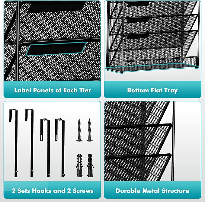 Delifox 7 Compartment Wall Mounted Hanging File Organizer for Office | Wall File Holder Sturdy Metal Mesh Desk Organizers