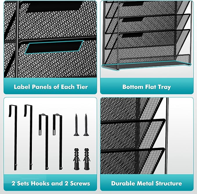MINDEPOT 7-Tier Wall Hanging File Organizer Cubicle Hanging Organizer Mount File Holder, Mesh Magazine Document Mail Organizer Wall Organizer for Office School Home, Black