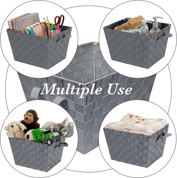 Simplify Medium Woven Strap Tote | Decorative Storage Basket | 2 Handles | Organization | Closet | Bedroom | Bathroom | Nursery | Accessories | Toys | Gifts | 1 Pack | Grey