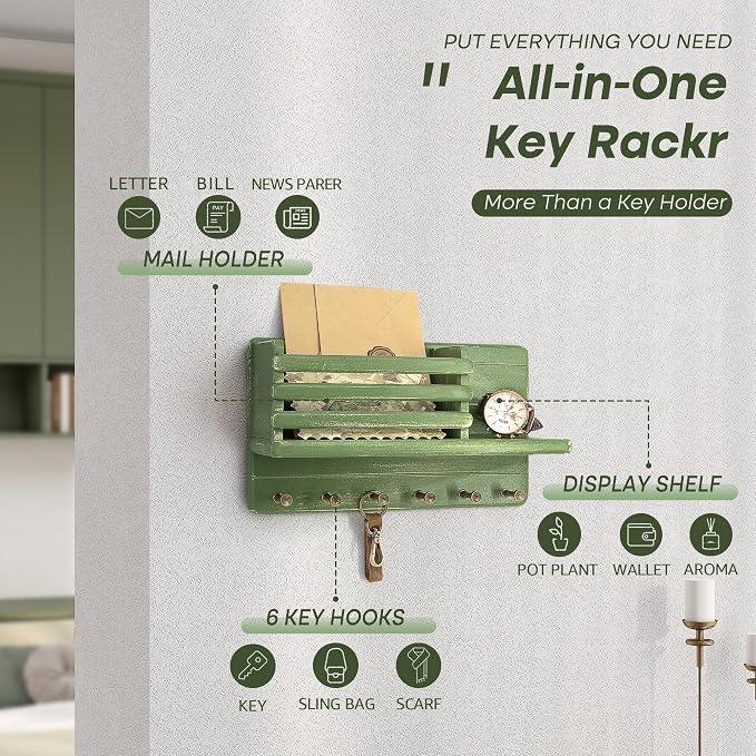 Rebee Vision Key Holder Wall Mount with 8 Key Hooks for Room Decor, Green | Key Holder for Wall, Mail Slot, Letter Storage, Mail Organizer, Key Hanger, Umbrellas, Floating Shelf, Home Organization