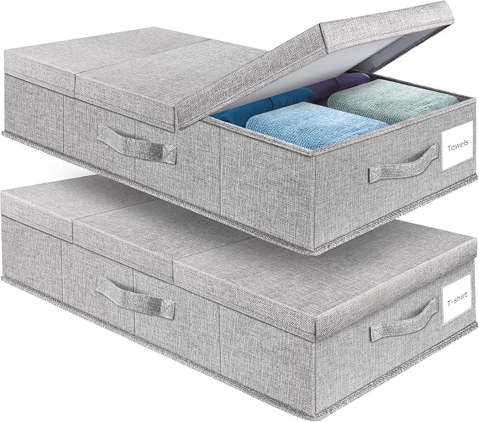 Supowin 2Pack Large Underbed Storage Containers Bin with Lids, Gray | 6 Inches Tall Under Bed Storage Organizer Box with Handles, Foldable Closet Organizer for Clothes, Blankets, Seasonal Items