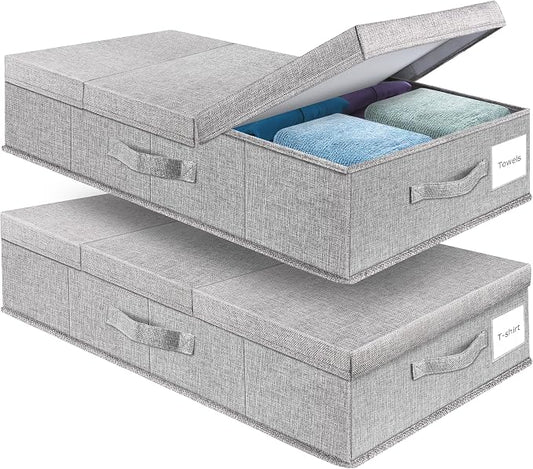 Supowin 2Pack Large Underbed Storage Containers Bin with Lids, Gray | 6 Inches Tall Under Bed Storage Organizer Box with Handles, Foldable Closet Organizer for Clothes, Blankets, Seasonal Items