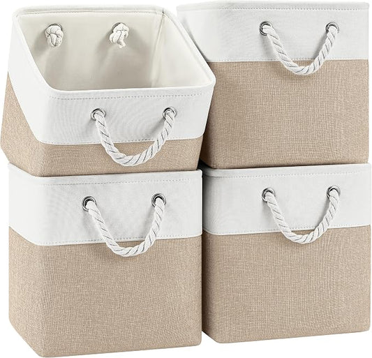 Patvingot 11-Inch Fabric Cube Storage Bins with Handles,4 Pack,Foldable | For cube shelves and closets,keeps grouped for everyday access,reinforced opening and fold-flat storage,white and khaki