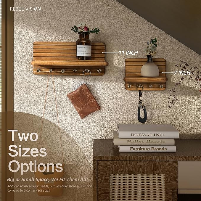 Rebee Vision Key Holder Wall Mount with 6 Hooks for Entryway, Light Brown | Pine Wood, Key Holder for Wall, Floating Shelf, Mail Organizer, Plant Display, Apartment Essential, Decorative Room Accent