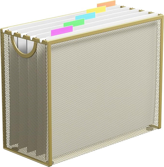 Letter-Size Hanging File Organizer with 5 Grey Holders(Gold) | File Holder Filing Box for Desk, Metal Mesh Desk File Folder Storage for Office(No Assembly Required)