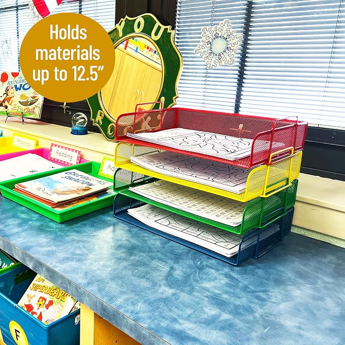 Mind Reader Stackable Paper Tray, Classroom Organizer, File Storage, Teachers, Metal Mesh, 4 Pcs., Multi-Colored