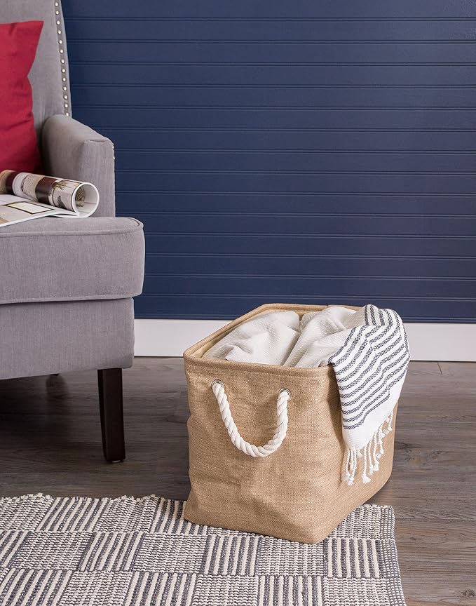 DII, Collapsible Variegated Polyester Storage Bin with Cotton Handles Small Taupe