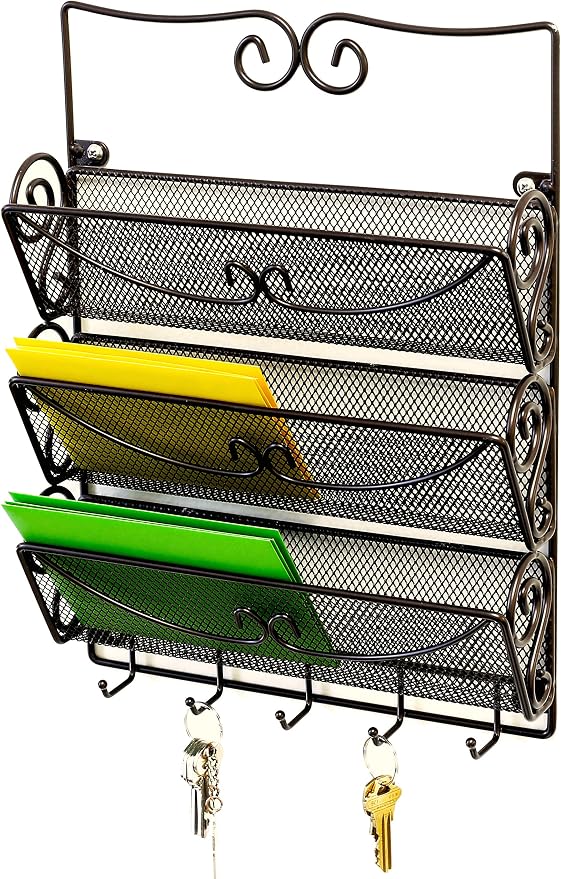 Deco Brothers Wall Mail Organizer with 5 Key Holder, 3 Tier, Bronze