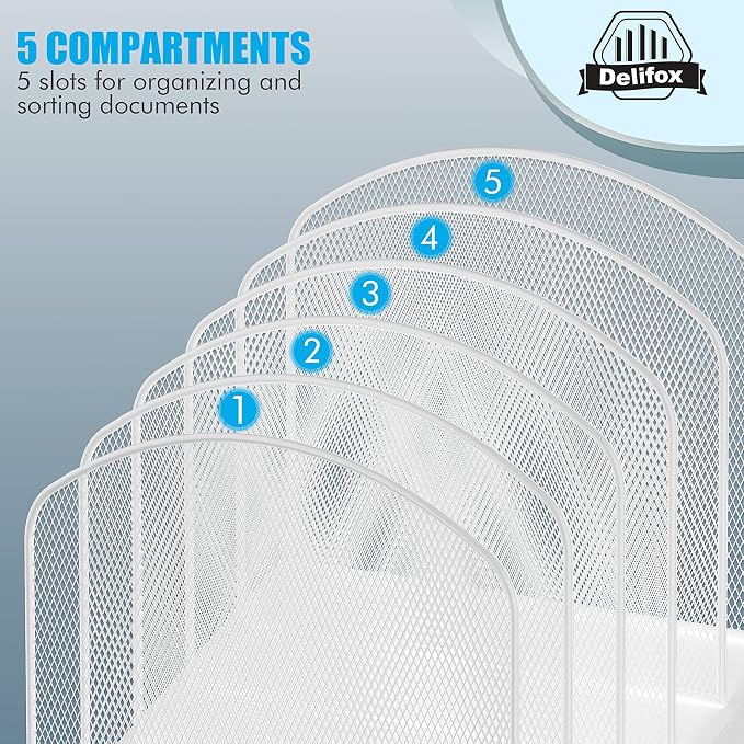 Delifox Inclined Desk File Organizer,Vertical File Folder Holder Stand Metal Rack File Sorter for Office Classroom Desktop Organization (1, White, 5)