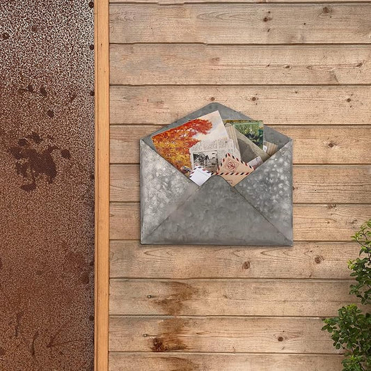 SOFFEE DESIGN Galvanized Mail Organizer - Wall Mount Metal Mail Holder - Envelope Shape Mail Holder for Wall - Paper Letter Magazine Storage - Home and Office Wall Decor - Hanging Letter Basket