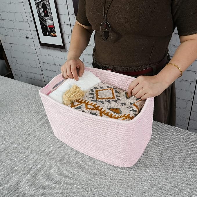 XUANGUO Woven Cotton Rope Storage Baskets 15x10x9.3" 3 Pack Light Pink | Decorative rectangular storage baskets for shelves and closets; storage bins organize clothes, toys, books and nursery items.