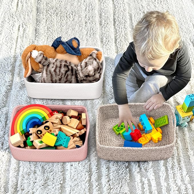 Goodpick 3-Pack Woven Storage Baskets for Organizing, 11 x 7 x 4.5 in | Empty Baskets for Shelves, Dog Toy Basket, Closet Baskets for Organizing, Empty Baskets for Gifts, White