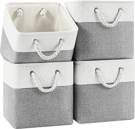 Patvingot 11-Inch Fabric Cube Storage Bins with Handles,4 Pack,Foldable | For cube shelves and closets,keeps grouped for everyday access,reinforced opening and fold-flat storage,white and gray