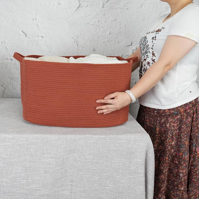XUANGUO Large Rectangle Woven Cotton Rope Blanket Basket 22"x17"x12" Rustic | Storage basket for nursery and living room; toy basket for kids, dog toy storage, or laundry basket for clothes and towels.