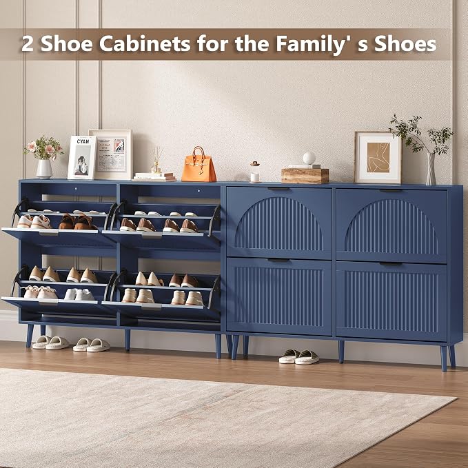 BORNOON Shoe Cabinet for Entryway with 4 Flip Drawers, Slim Wooden Shoe Storage Organizer with Modern Fluted Pannel，Freestanding Narrow Hidden Shoe Rack for Hallway, Foyer, Living Room