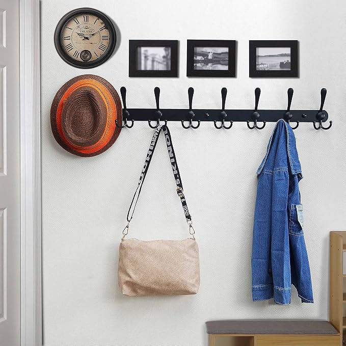 Dseap Coat Rack Wall Mount - 29.5” Long 8-Tri-Hooks Heavy Duty Coat Hanger Rail Wall Hooks for Hanging Coats Hats Clothing Clothes Purse Mudroom Entryway, Black, Pack of 2