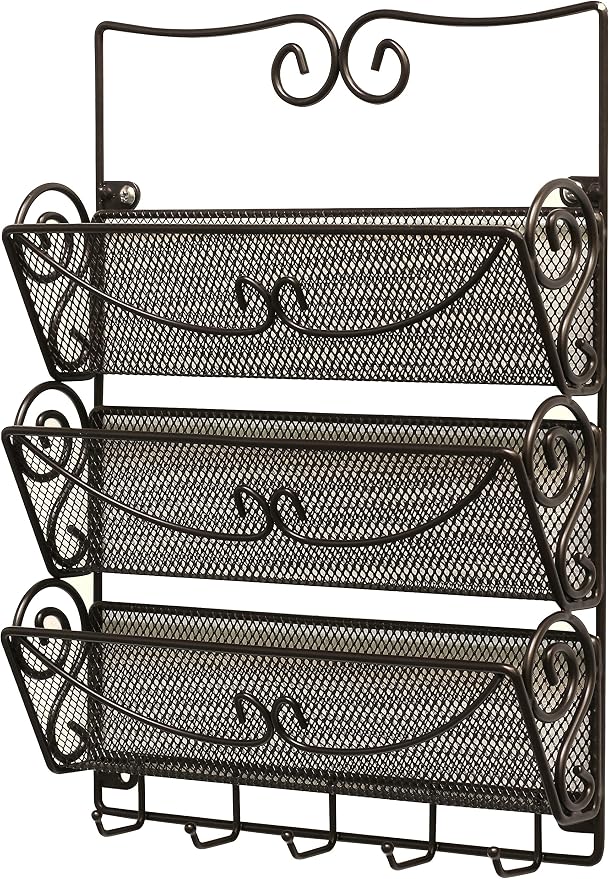 Deco Brothers Wall Mail Organizer with 5 Key Holder, 3 Tier, Bronze
