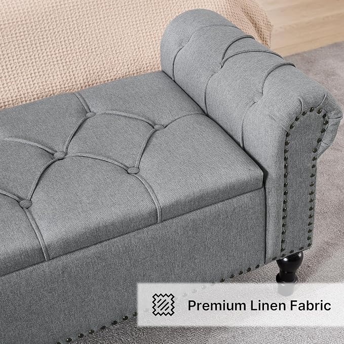 67 Inch Storage Bench for Bedroom, Linen End of Bed Bench, King Size Bench with Rolled Arms, Upholstered Tufted Button Storage Ottoman Benches, Living Room, Entryway, Oyster Grey