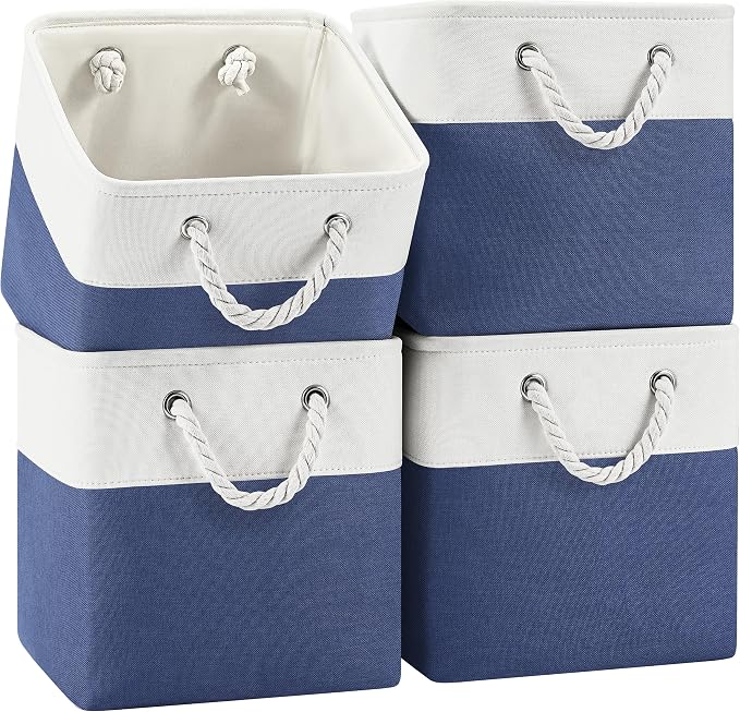 Patvingot 11-Inch Fabric Cube Storage Bins with Handles,4 Pack,Foldable | For cube shelves and closets,keeps grouped for everyday access,reinforced opening and fold-flat storage,white and blue