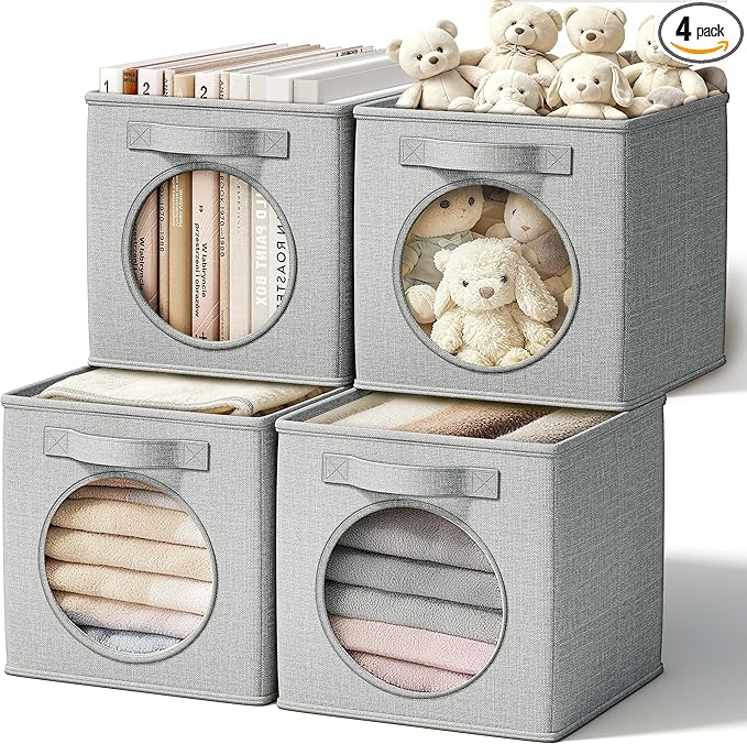 Fabric Storage Cubes with Mesh Window, 13'' Cube Storage Bin, Gray, 4 Pack | See through Round window, Foldable Odor-Free & Sturdy PP Structure, Cubby Baskets for Closet, Shelves, Bedroom and Offices