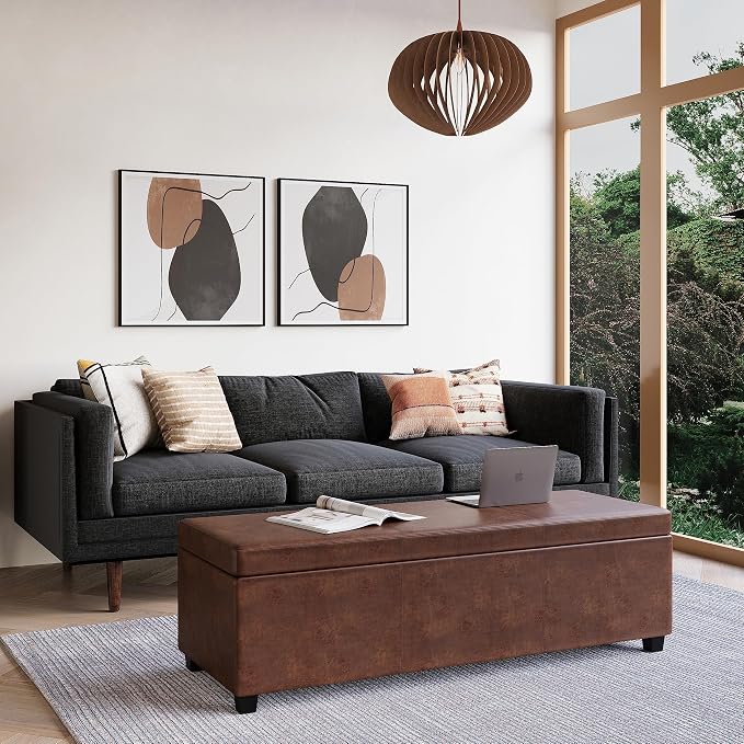 SIMPLIHOME Avalon 60" Wide Fabric Storage Ottoman in Tanners Brown | Contemporary lift-top ottoman with high-density foam; rectangle storage bench or coffee table for living room or entryway.