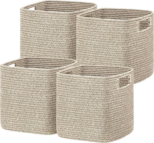 UBBCARE Storage Cubes 11 Inch, Cotton Rope Woven Baskets for Organizing, Cube Storage Bin for Baby Nursery, 4-Pack Square Storage Baskets for Shleves Organizer, Closet, Kidsroom, All Browm