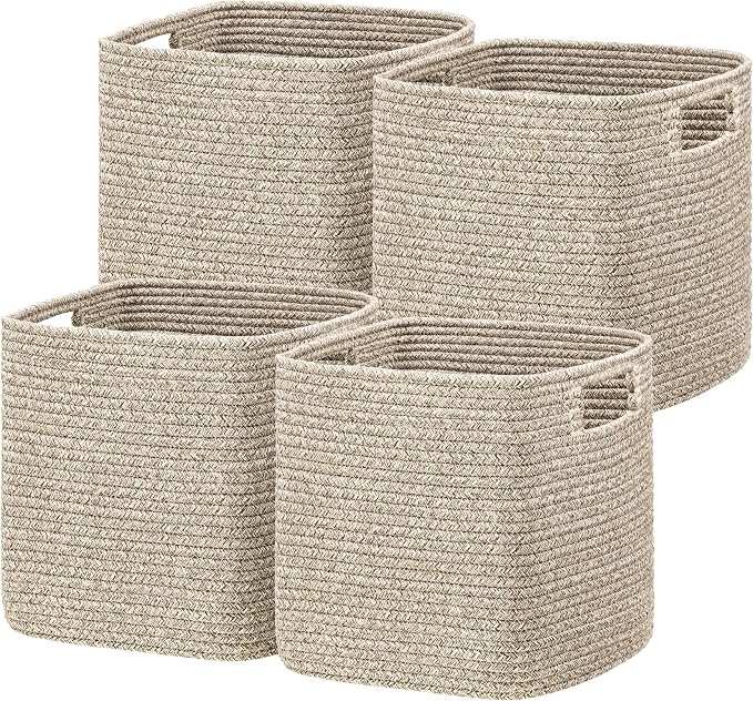 UBBCARE Set of 4 Storage Basket-13 X 13 X 13 in, Cotton Rope Baskets for Shelves, Toys, Book, Cube Storage Bins with Handles, Woven Storage Basket for Organizing, Mix-Brown