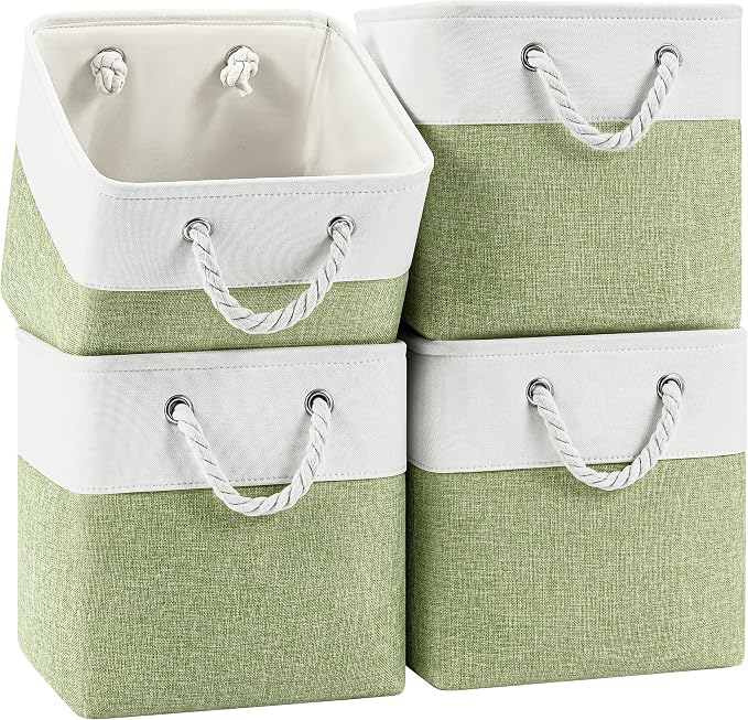 Patvingot 11-Inch Fabric Cube Storage Bins with Handles,4 Pack,Foldable | For cube shelves and closets,keeps grouped for everyday access,reinforced opening and fold-flat storage,white and green