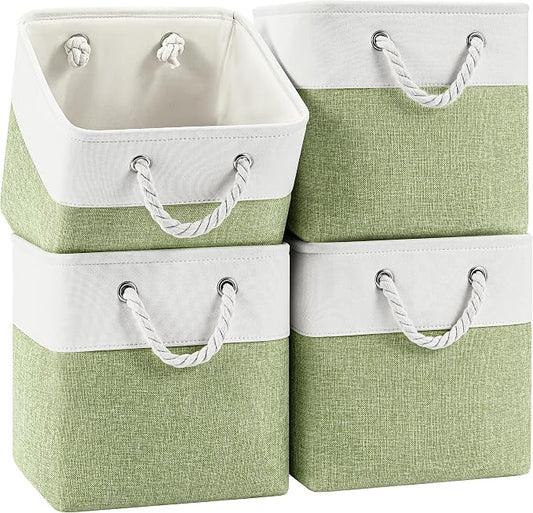Patvingot 11-Inch Fabric Cube Storage Bins with Handles,4 Pack,Foldable | For cube shelves and closets,keeps grouped for everyday access,reinforced opening and fold-flat storage,white and green