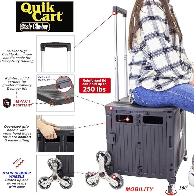 dbest Products Quik Cart Stair Climber Wheeled Rolling Crate Teacher Utility with seat Heavy Duty Collapsible Basket with Handle, 18" D x 17" W x 39" H, Black | with Wheels, Up to 80 lbs Capacity, Heavy Duty, Telescoping Handle, Folding Utility Cart wi...