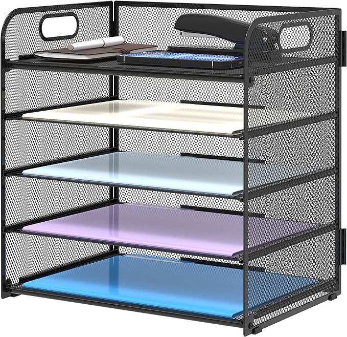 Supeasy 5 Trays Paper Organizer Letter Tray with Handle-Mesh Desk File Holders, Paper Sorter Desk Organizer for Office, Home, Classroom or School