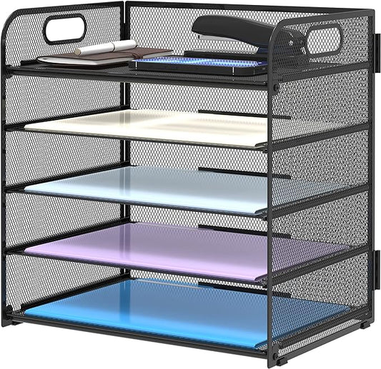 Supeasy 5 Trays Paper Organizer Letter Tray with Handle-Mesh Desk File Holders, Paper Sorter Desk Organizer for Office, Home, Classroom or School