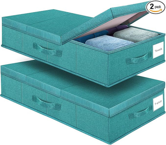 Supowin 2Pack Large Underbed Storage Containers Bin with Lids, Cyan Blue | 6 Inches Tall Under Bed Storage Organizer Box with Handles, Foldable Closet Organizer for Clothes, Blankets, Seasonal Items