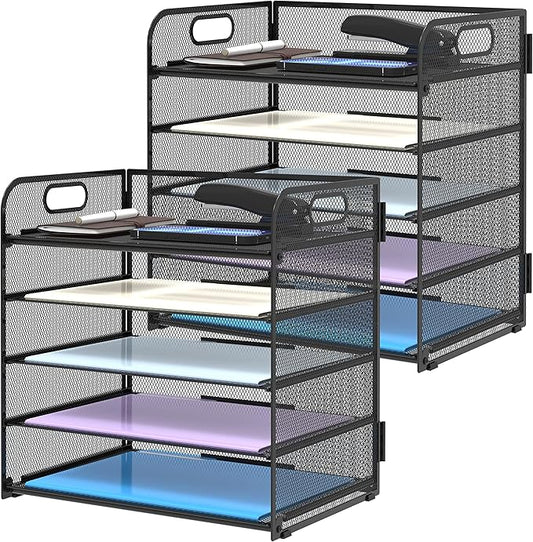 Supeasy 2 Pack 5-Tier Desk Organizer with Handle Mesh Desk File/Paper Organizer Letter Tray for Office, School, Classroom and Home Easy Installation, Black