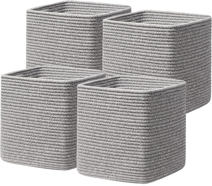 joybest 11inch Cube Storage Bins, Cotton Rope Woven Organizer Basket | Set of 4 Cube Bin Square Shelves Organizer Closet Storage, Nursery, Toy Organization, Grey