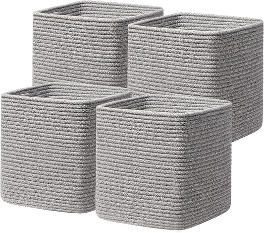 joybest 11inch Cube Storage Bins, Cotton Rope Woven Organizer Basket | Set of 4 Cube Bin Square Shelves Organizer Closet Storage, Nursery, Toy Organization, Grey
