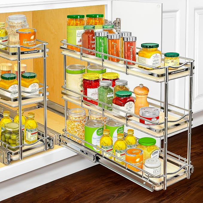 LYNK PROFESSIONAL® Élite™ Pull Out Spice Rack Organizer for Inside Kitchen Cabinets - 6" x 21" - Slide Out Drawer – Wood/Chrome Sliding Spice Organization for cabinet - Spice Racks - 6 Tier