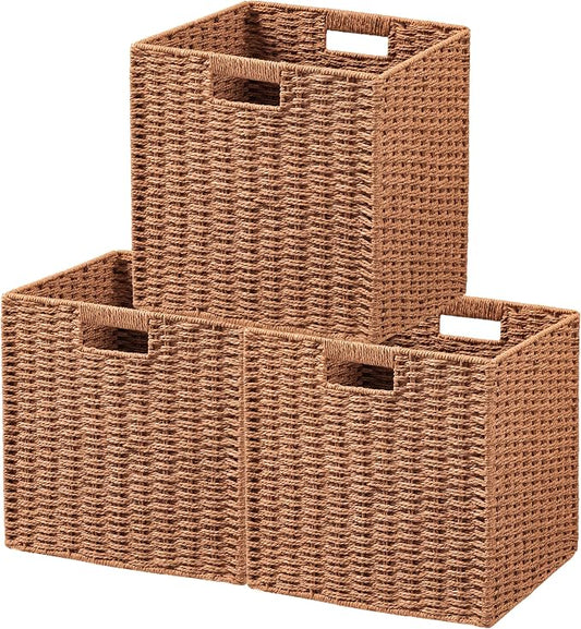 UBBCARE 3 Pack Wicker Basket, 11L×11H×10.5W inch Woven Paper Rope Storage Baskets for Shelves, Foldable Cube Storage bin with Handle, Storage Basket for Organizing & Decor,Caramel