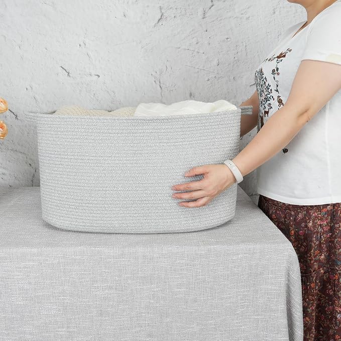 XUANGUO Large Rectangle Woven Cotton Rope Blanket Basket 22"x17"x12" Gray | Storage basket for nursery and living room; toy basket for kids, dog toy storage, or laundry basket for clothes and towels.