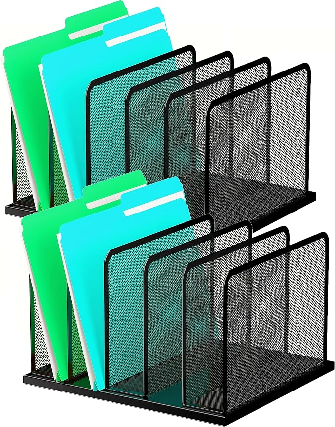 Kuntine.B Desk File Organizer Upright Mesh Desktop Organizer File Sorter Office Organization File Holder for Home, Office & Classroom (Black, 2 Pack 5-Section)